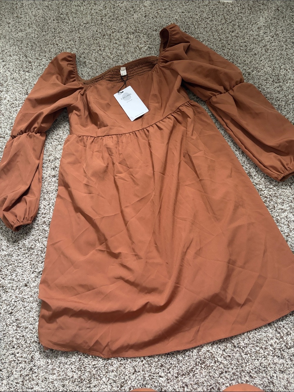 Rust Long Sleeve Empire-Waist Dress with Puff Sleeves